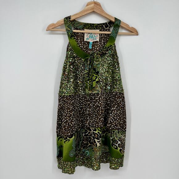 Vintage Tops - Vtg Faith Sequin Halter Cami Tank Top Women Large Mixed Animal Print Green Brown